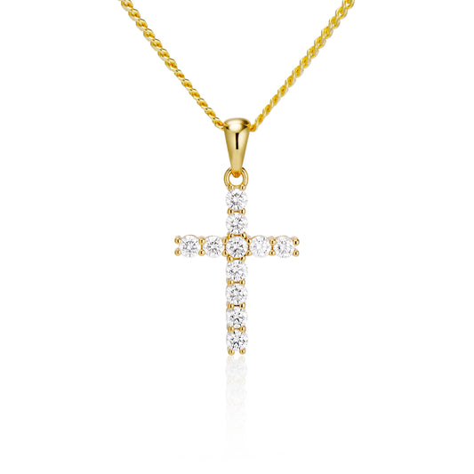 Moissanite Cross Pendant with Necklace in Yellow Gold