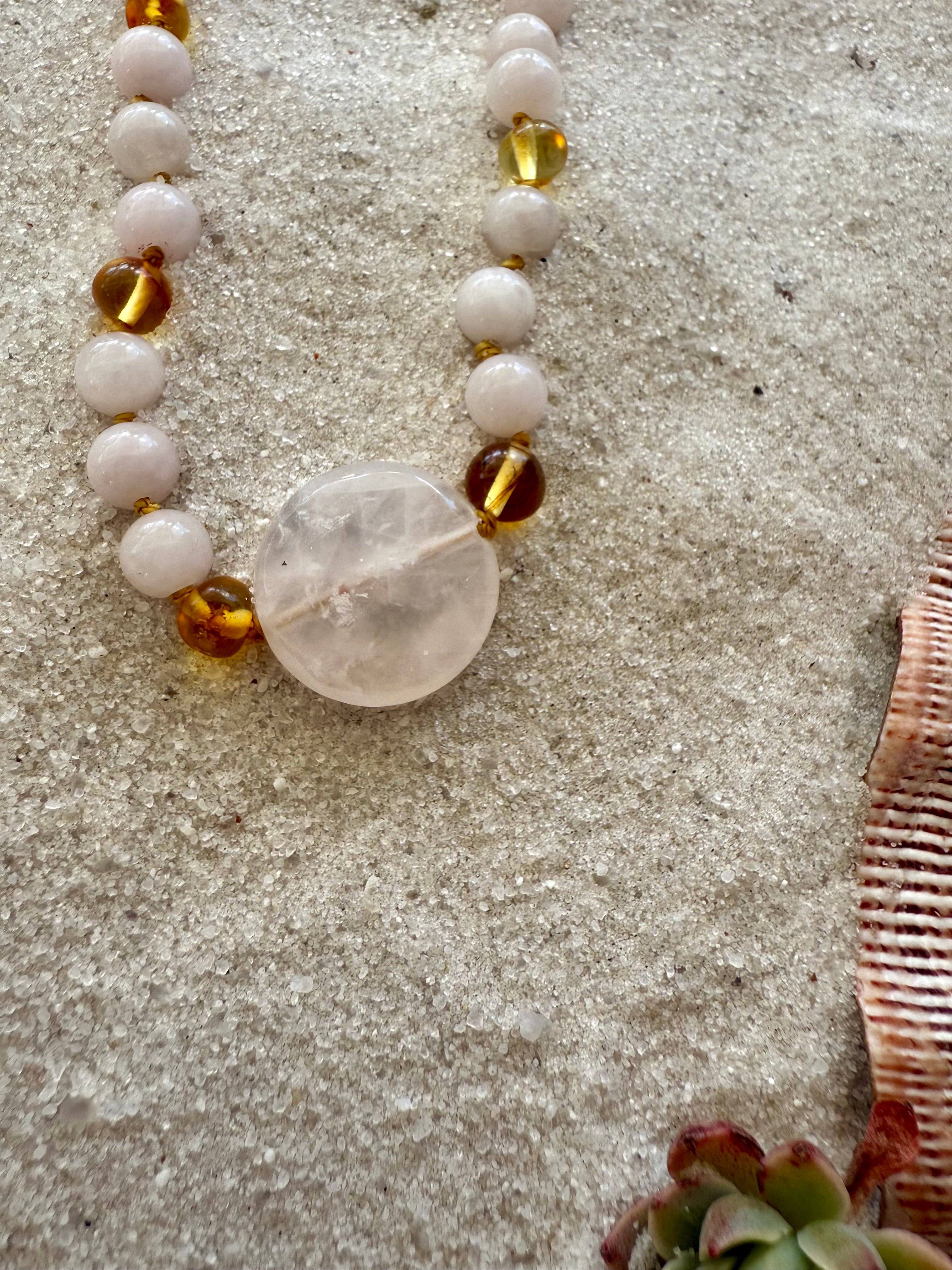 Rose Quartz + Honey Baltic Sea Amber || Rose Quartz Stone Necklace