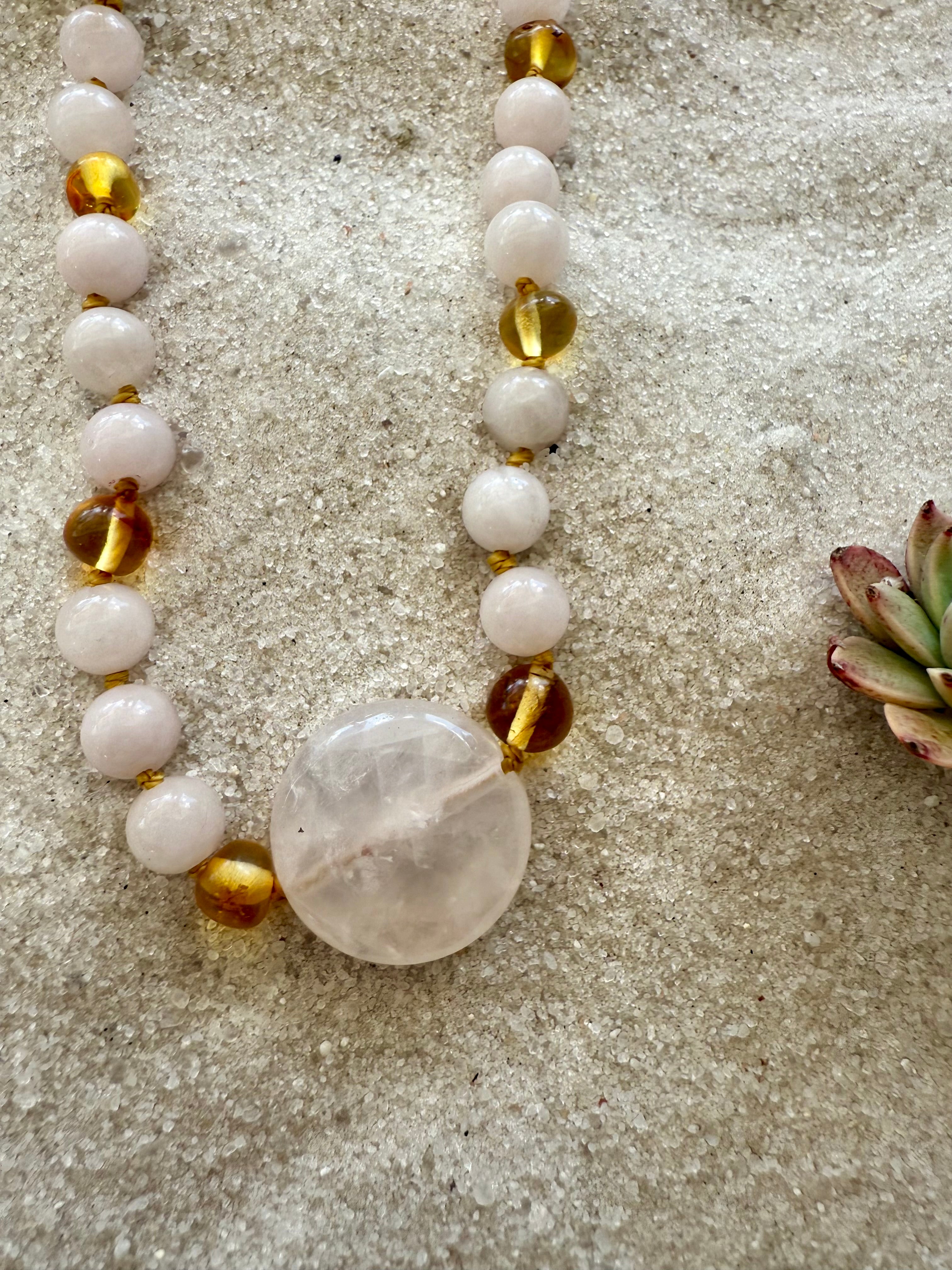 Rose Quartz + Honey Baltic Sea Amber || Rose Quartz Stone Necklace