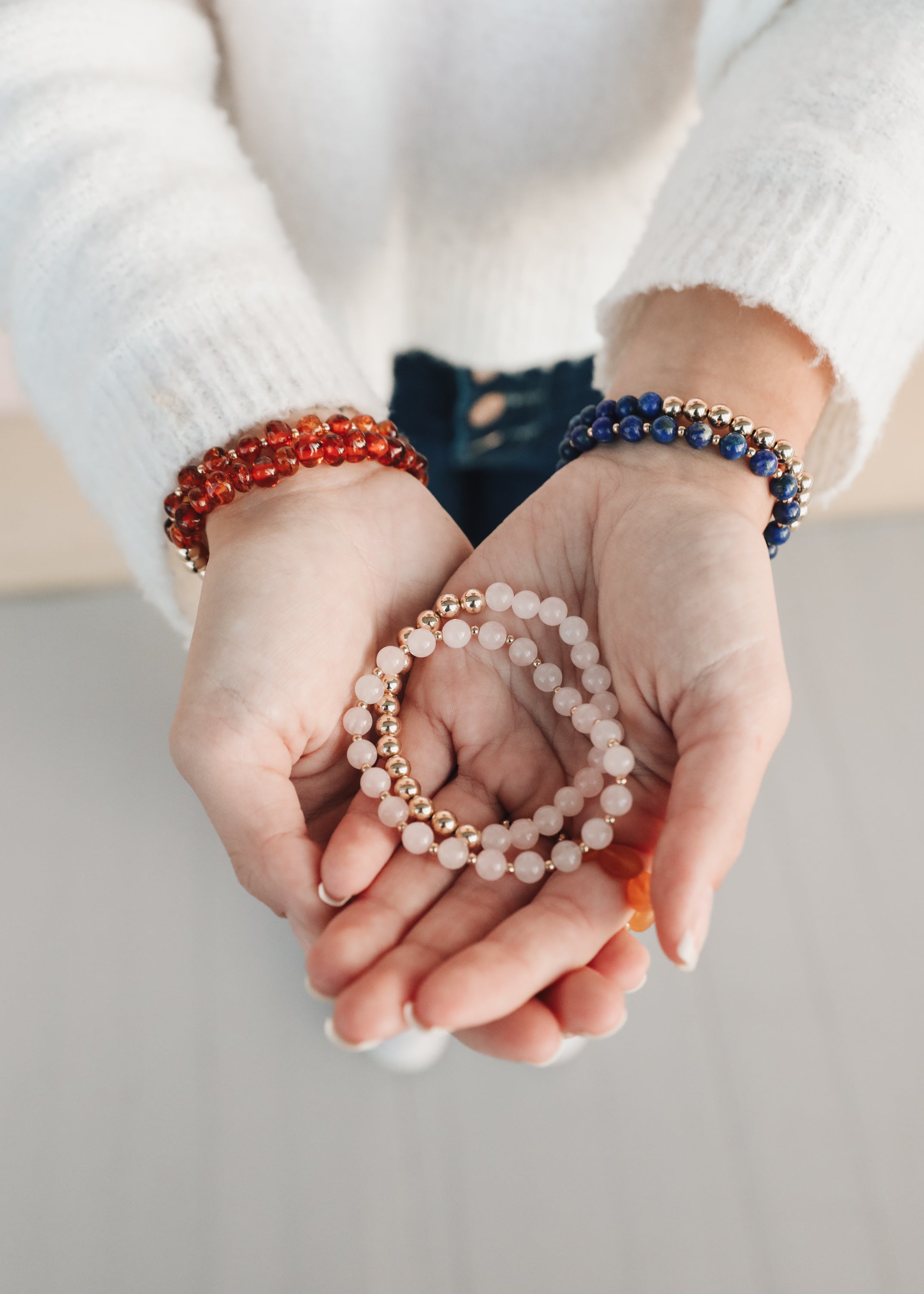 Rose Quartz : 14k Gold Filled Sun + Moon || Stretch Bracelets