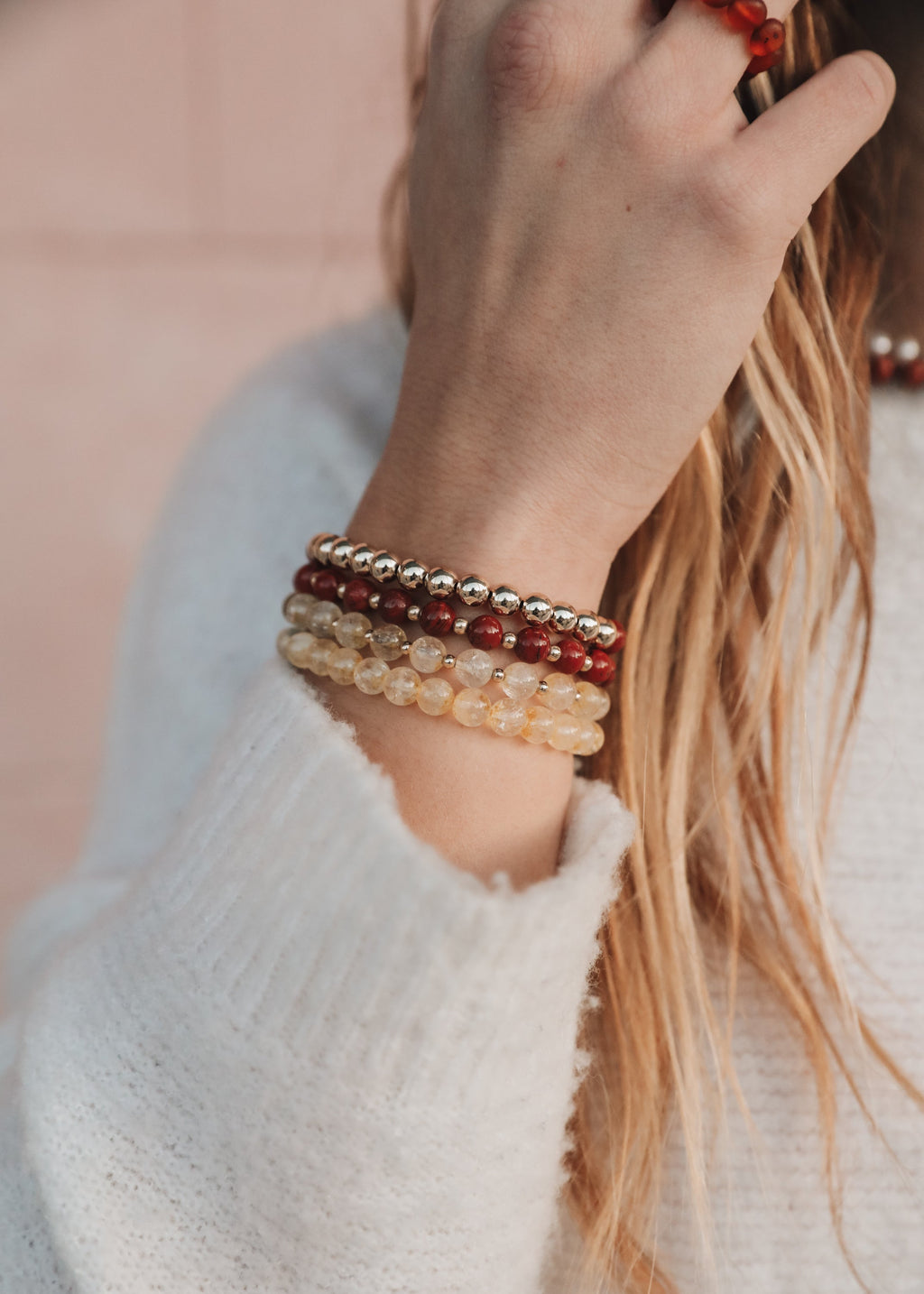 Red Jasper : 14k Gold Filled Sun + Moon || Stretch Bracelets