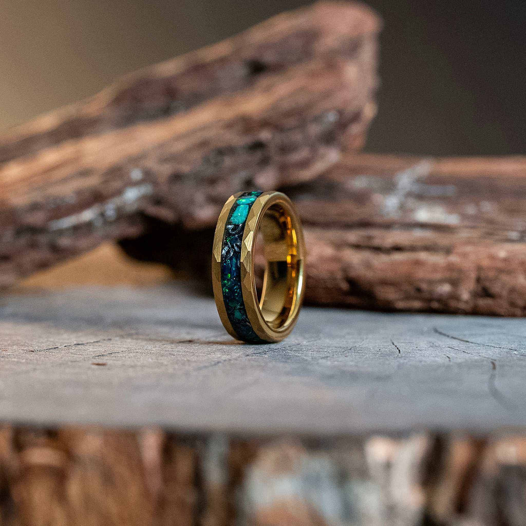 Green Opal x Meteorite Gold HammeredTungsten Carbide Ring - 6mm