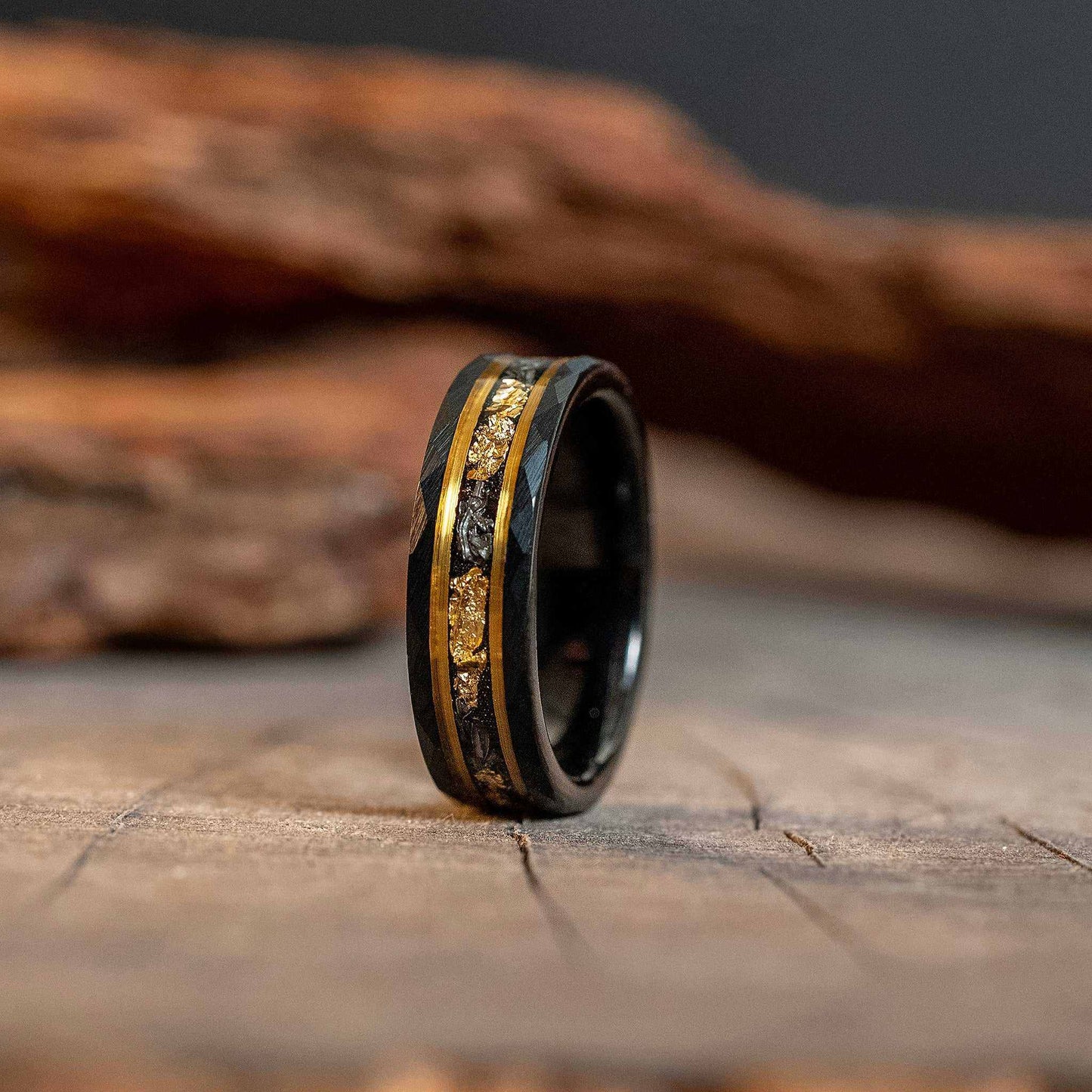 Meteorite x Gold Leaf Hammered Tungsten Carbide - 6mm