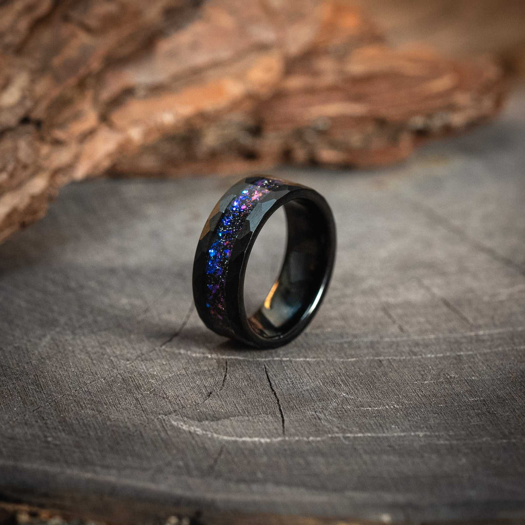 Black Hammered Nebula Meteorite Ring x Galaxy Blue Sandstone Ring - 8mm