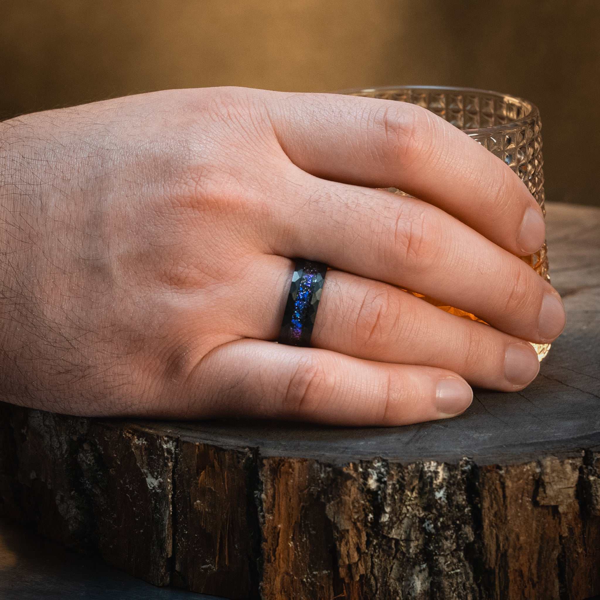 Black Hammered Nebula Meteorite Ring x Galaxy Blue Sandstone Ring - 8mm