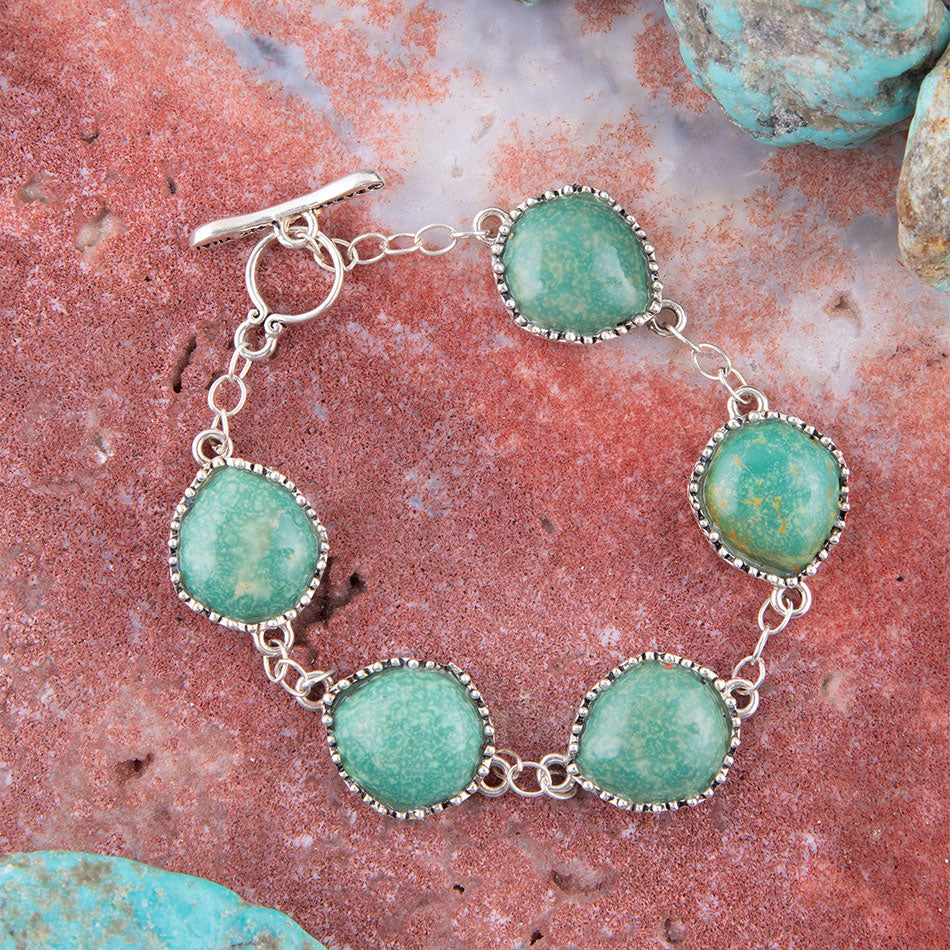 Intricate Green Turquoise and Sterling Silver Toggle Bracelet