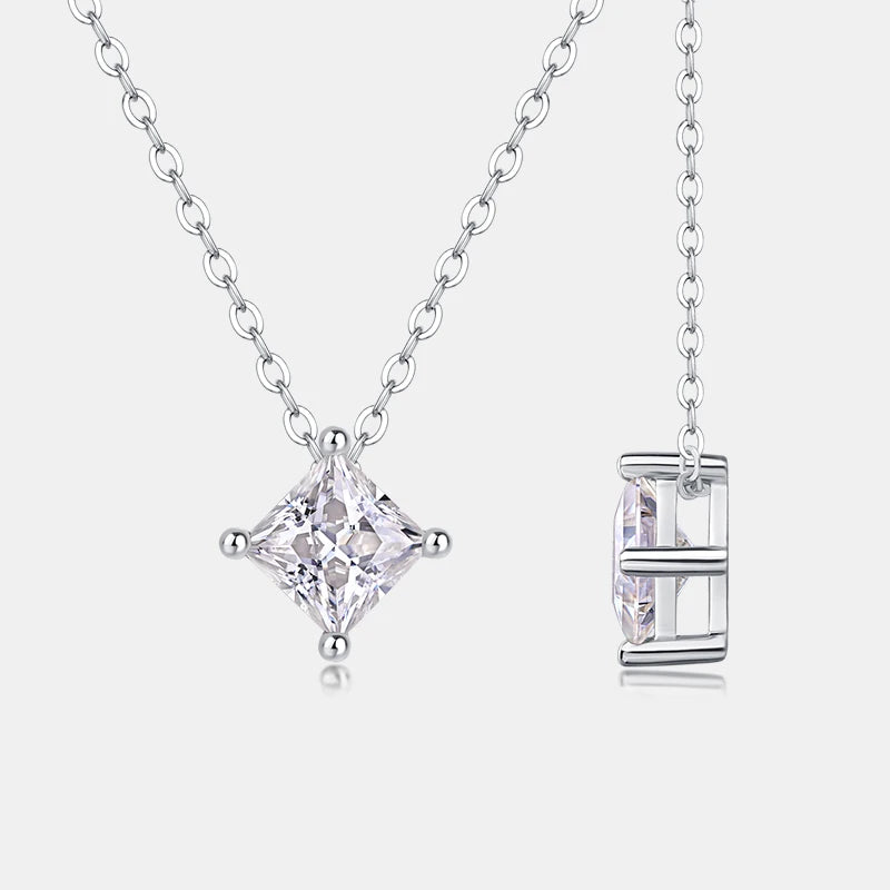 Fashionable Women Engagement S925 Sterling Silver Princess Square Cut Moissanite Necklace Link Charm Chain Pendant Necklace-2