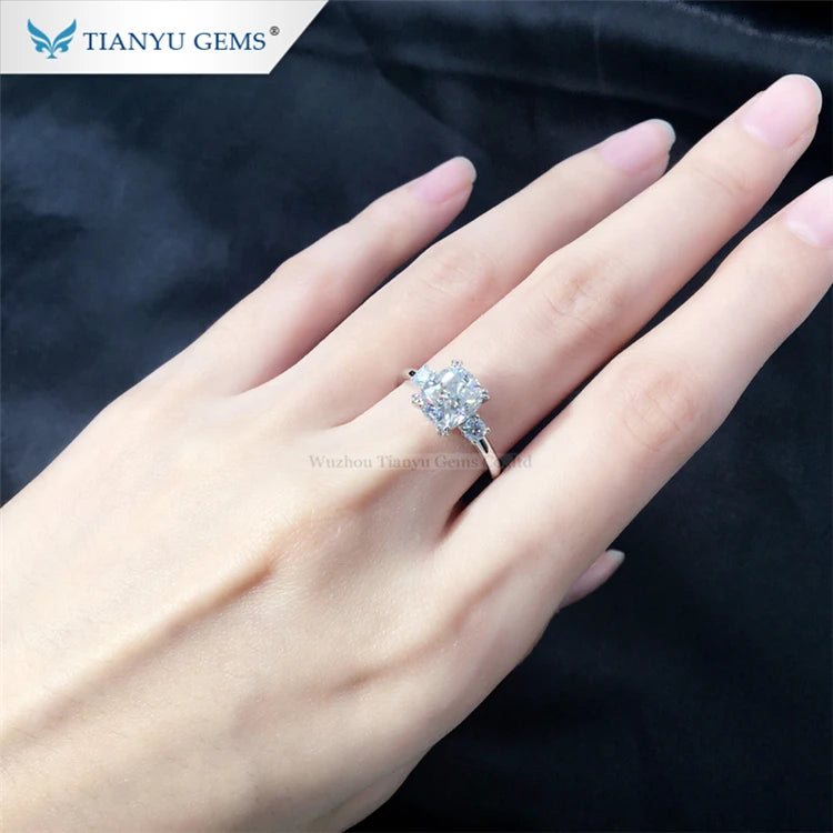 Tianyu Three Stone Moissanite Ring Cushion Cut 18k Gold Plated Mossanite Engagement S925 Sterling Silver Rings Jewelry Women-5