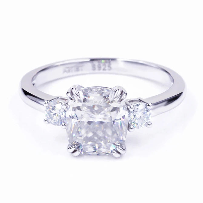 Tianyu Three Stone Moissanite Ring Cushion Cut 18k Gold Plated Mossanite Engagement S925 Sterling Silver Rings Jewelry Women-0