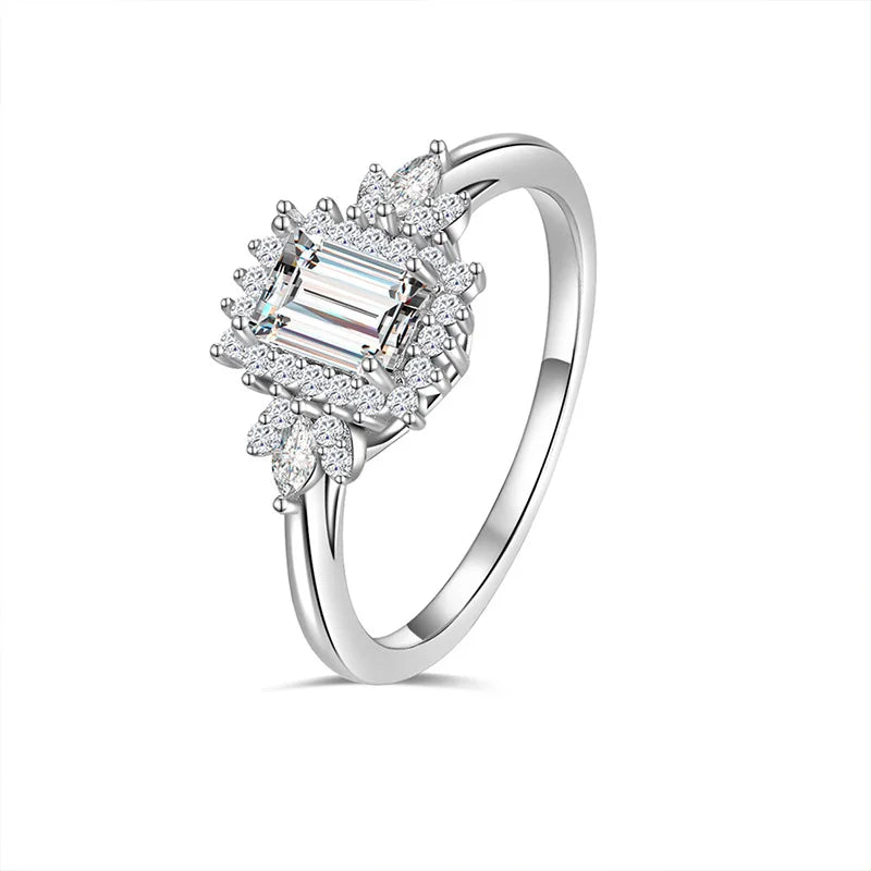 NO TARIFF Fine Jewelry Emerald Cut VVS Moissanite Band 925 Sterling Silver Flower Engagement Ring Women's Wedding Promise Ring-0