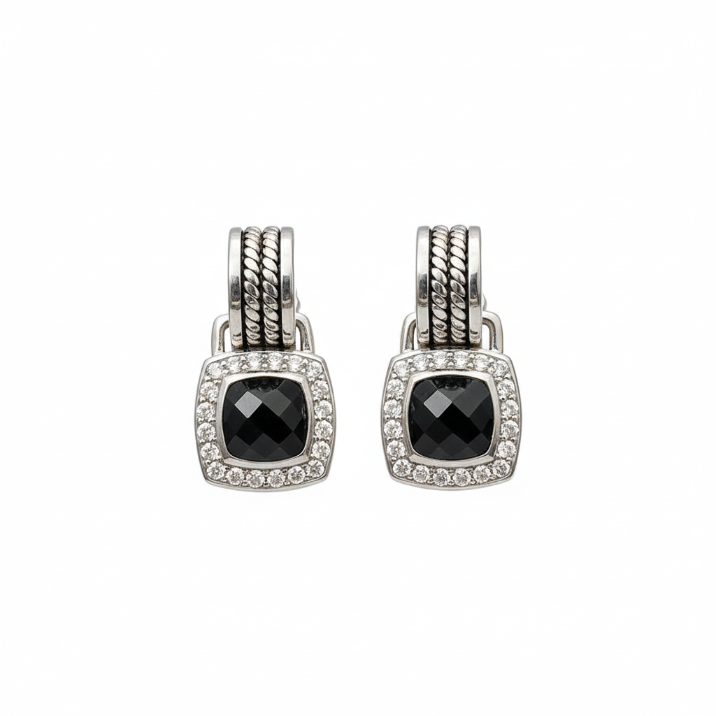 Albion Drop Earrings │ Vintage Style │ Brass with Black Onyx and White Diamonds