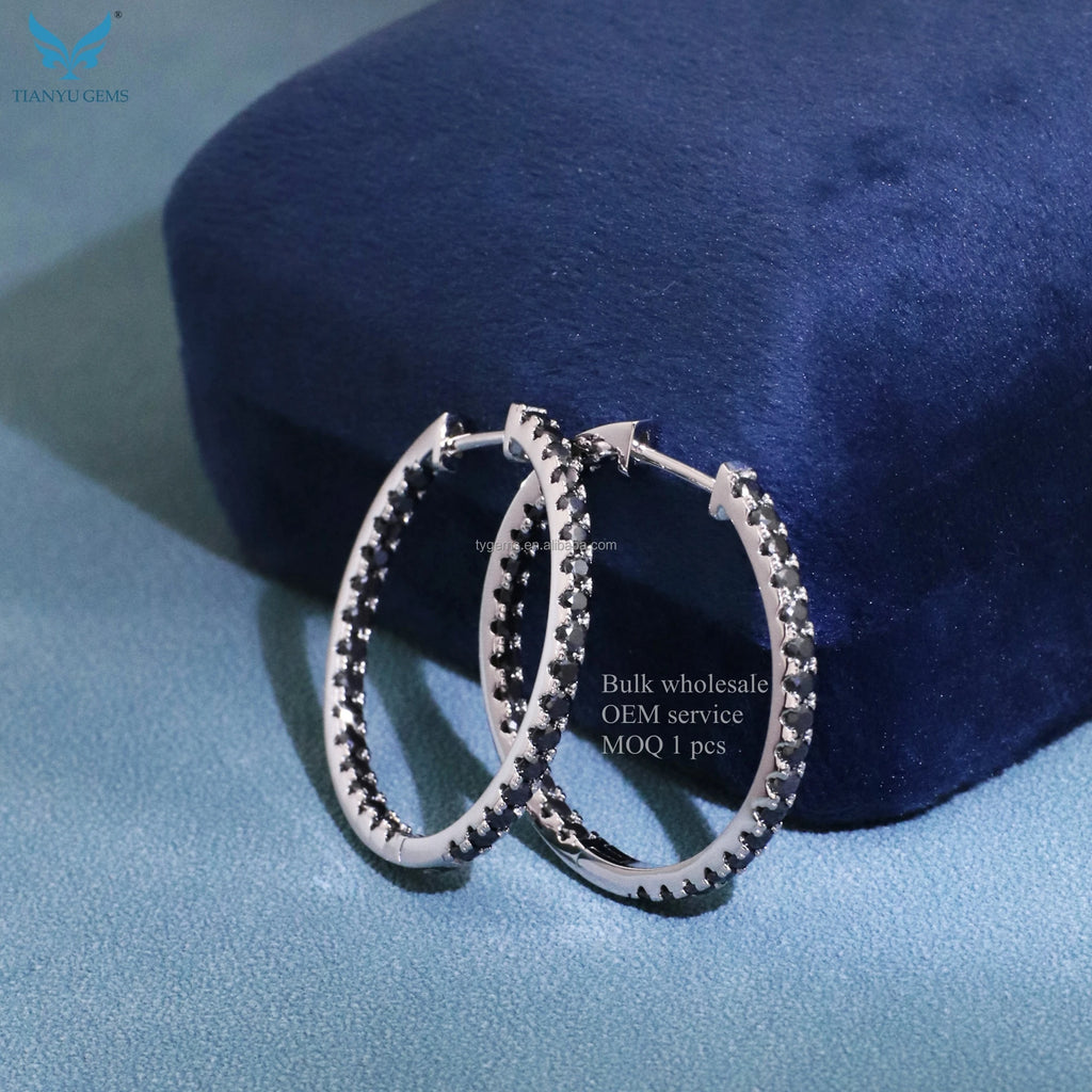 Tianyu Gems Black Moissanite 925 Earrings Fine Jewelry Factory 2mm 2ct Clip on Hoop Huggie Earrings Jewelry Women-0