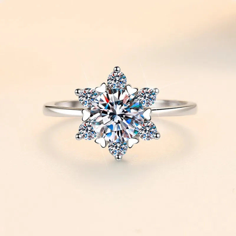 Light Luxury Jewelry Snowflake Shape S925 Sterling Silver 1 Carat VVs1 Moissanite Diamond Ring Wedding Engagement Gift for Women-0