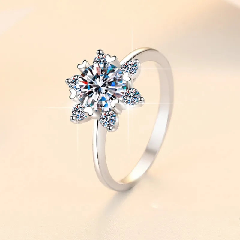 Light Luxury Jewelry Snowflake Shape S925 Sterling Silver 1 Carat VVs1 Moissanite Diamond Ring Wedding Engagement Gift for Women-2