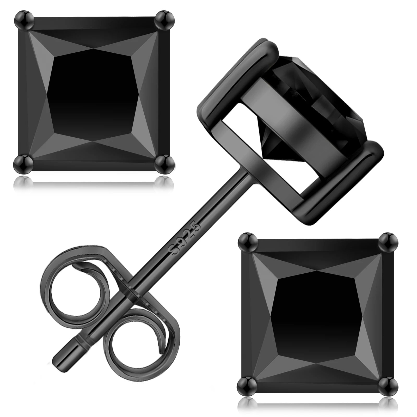 Black Princess Cut Moissanite Lab Diamond Jewelry Gift Men Women 925 Sterling Silver VVS GRA 2.0CT Mossanite Stud Earrings-0