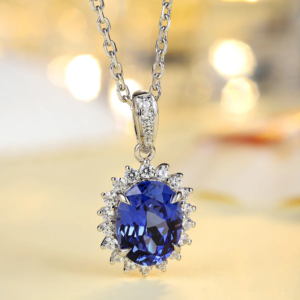 High Quality Luxury Style Oval Shape Pendant Sterling Silver Jewelry Sapphire Charm Silver S925 Necklace Women Birthday Gift-0