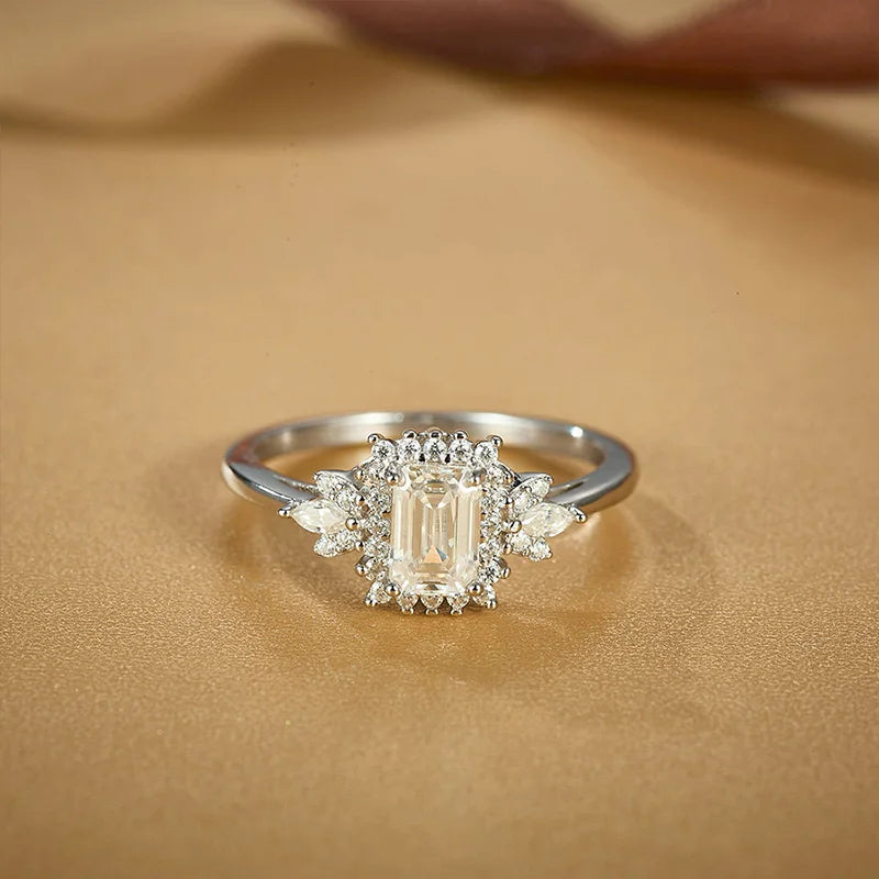 NO TARIFF Fine Jewelry Emerald Cut VVS Moissanite Band 925 Sterling Silver Flower Engagement Ring Women's Wedding Promise Ring-3