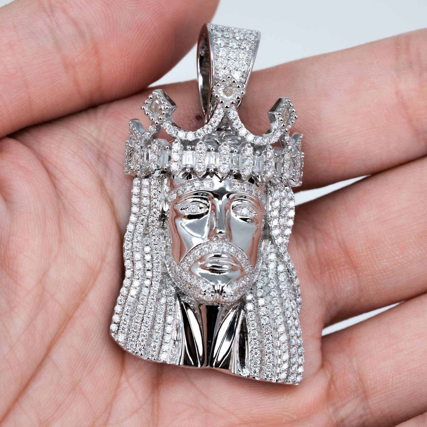 Moissanite Iced King Crown Jesus Head Piece Pendant - 925 Sterling Silver