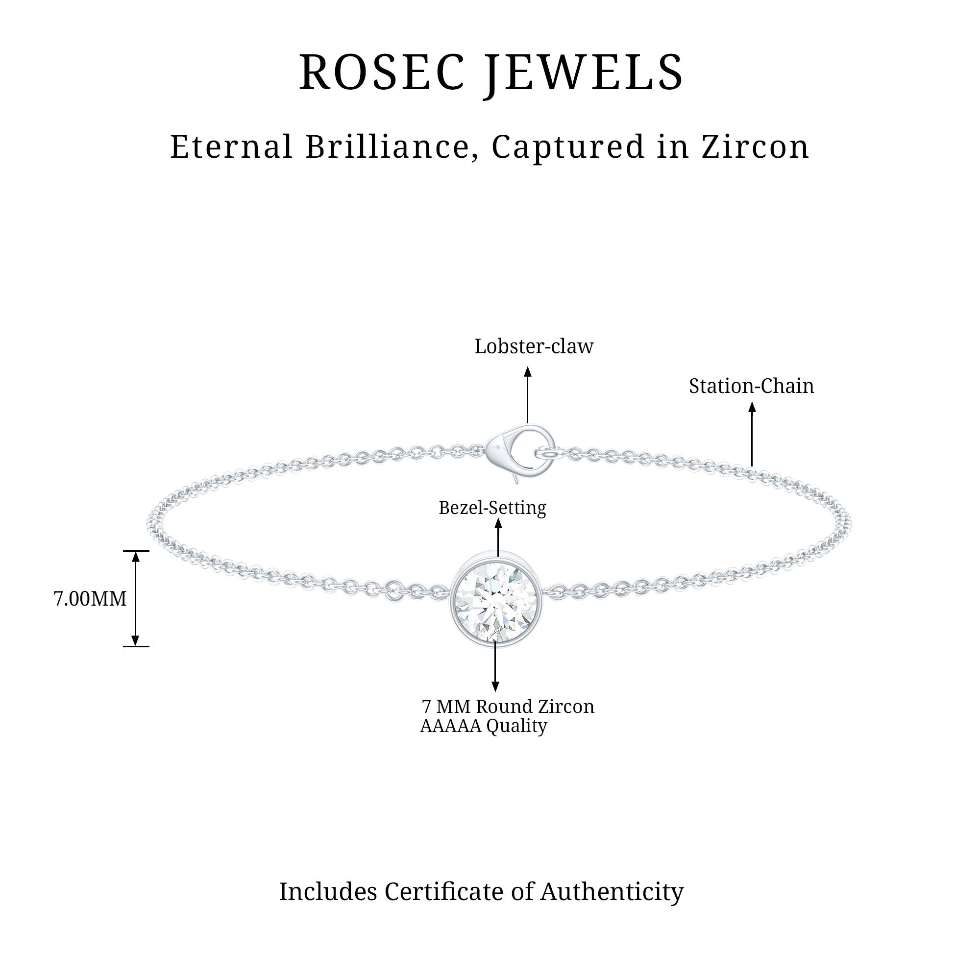 Bezel Set 7 MM CZ Diamond Solitaire Chain Bracelet