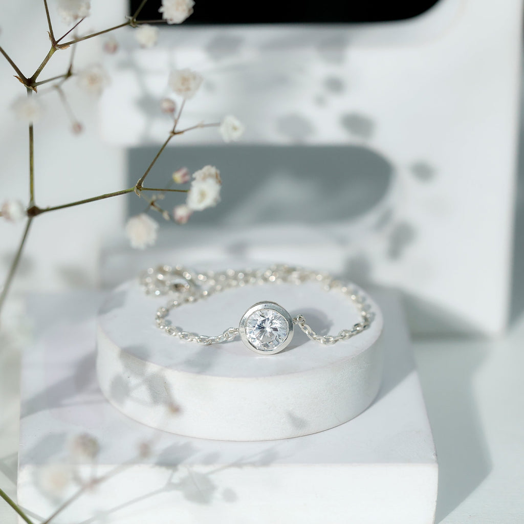 Bezel Set 7 MM CZ Diamond Solitaire Chain Bracelet