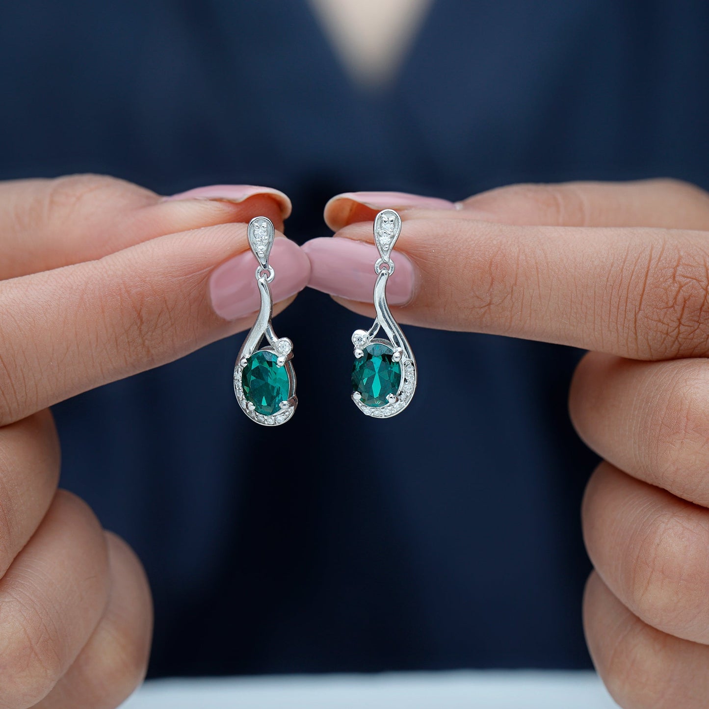 Oval 6X8 MM Lab Grown Emerald Vintage Bridal Earrings