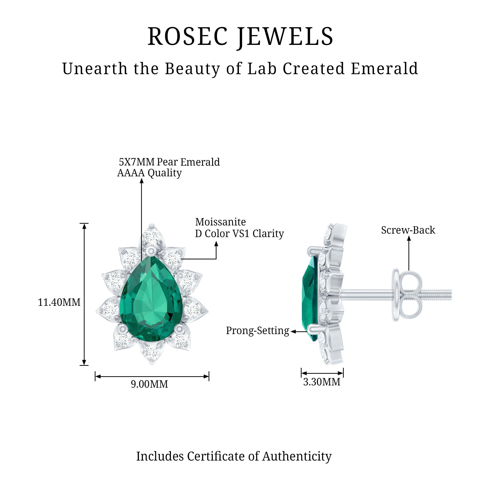 Floral Inspired Lab Emerald Stud Earrings with Moissanite