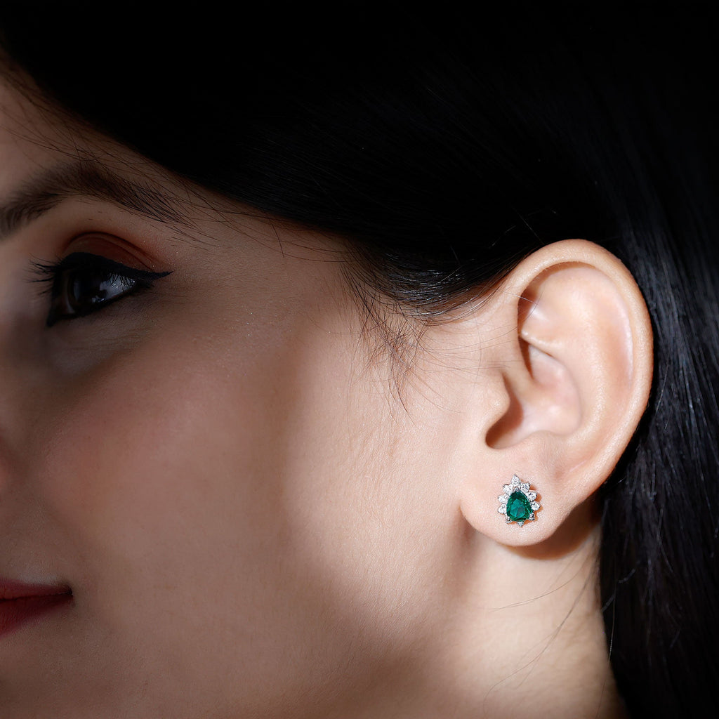 Floral Inspired Lab Emerald Stud Earrings with Moissanite