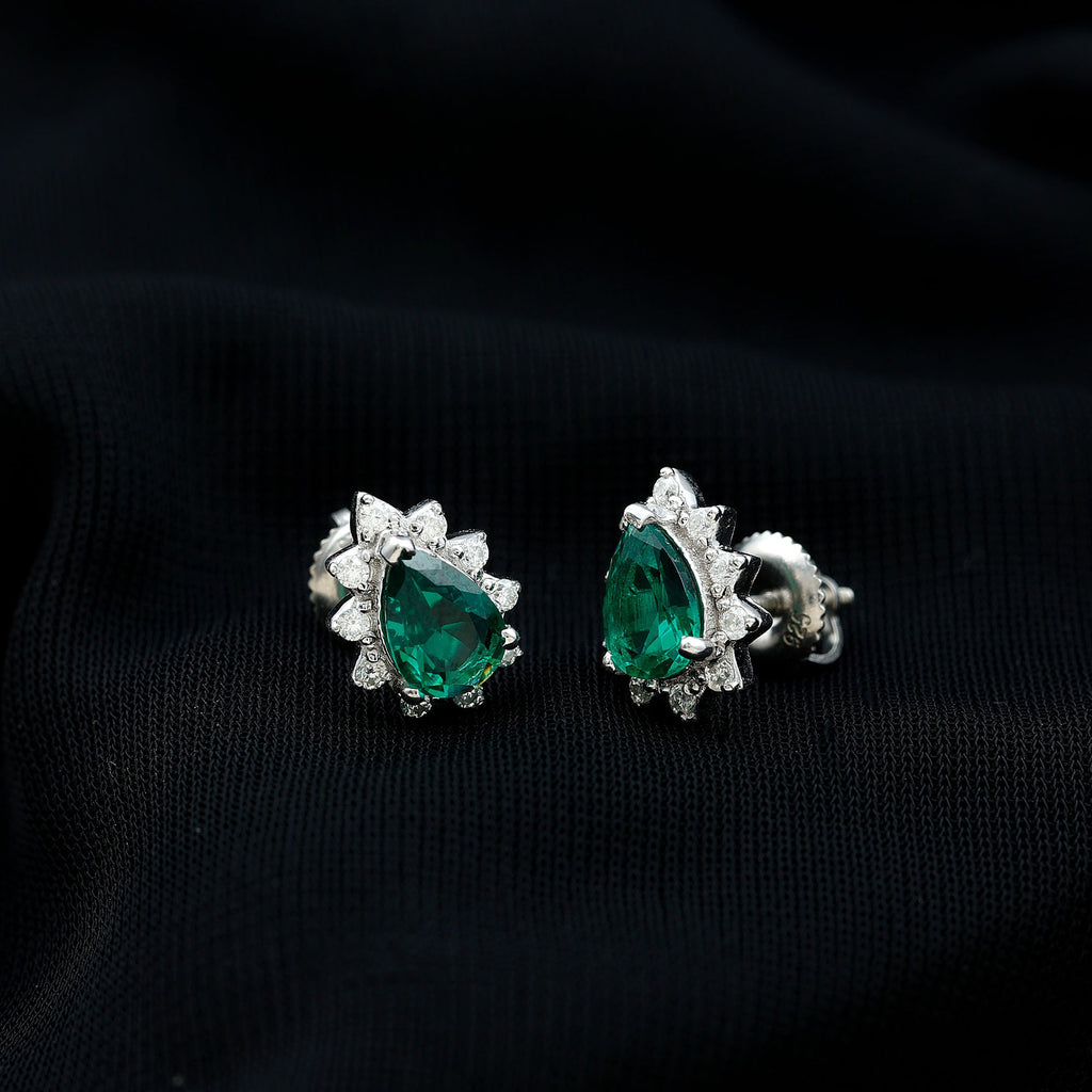 Floral Inspired Lab Emerald Stud Earrings with Moissanite