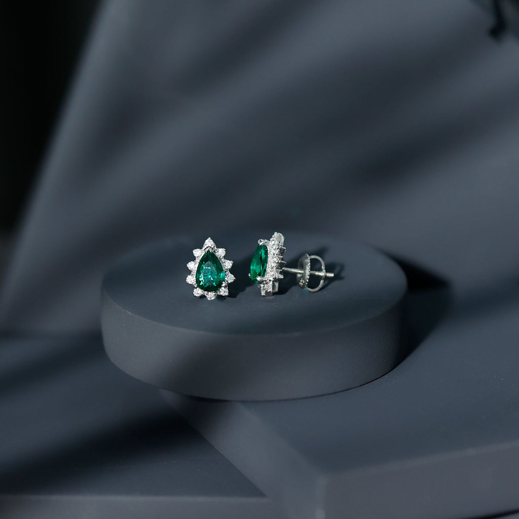 Floral Inspired Lab Emerald Stud Earrings with Moissanite