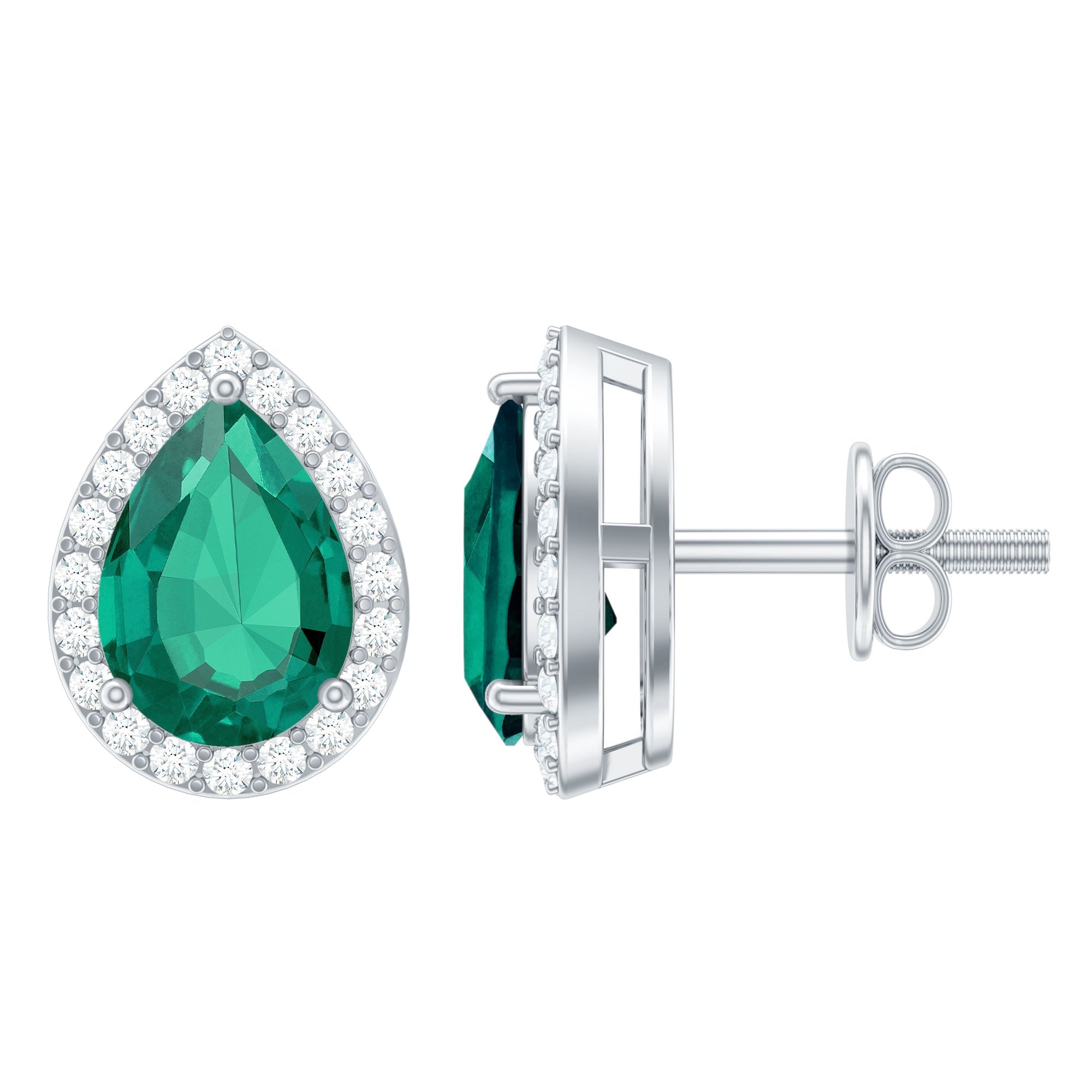 Certified 5X7mm Lab Grown Emerald Teardrop Halo Earrings in Silver