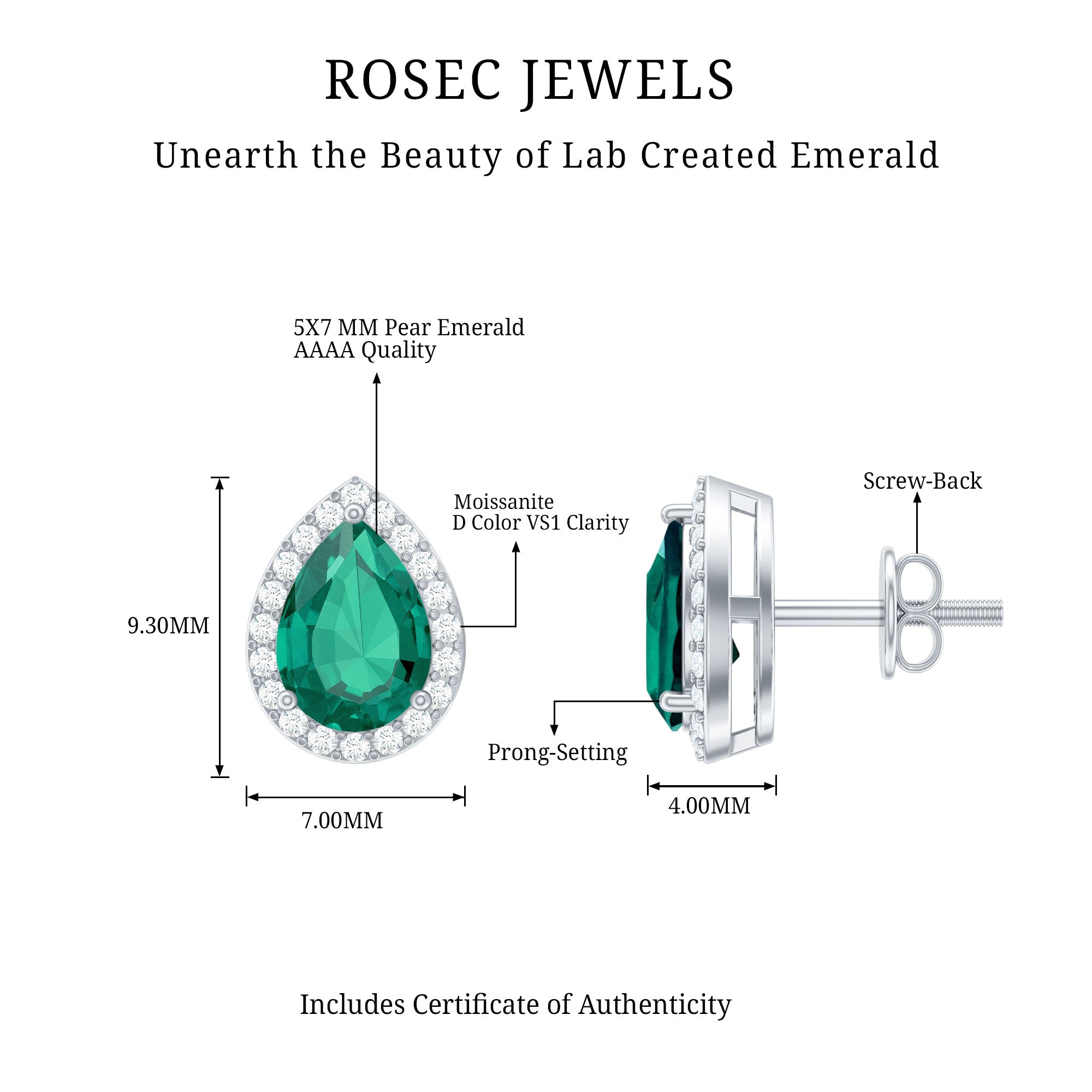 Certified 5X7mm Lab Grown Emerald Teardrop Halo Earrings in Silver
