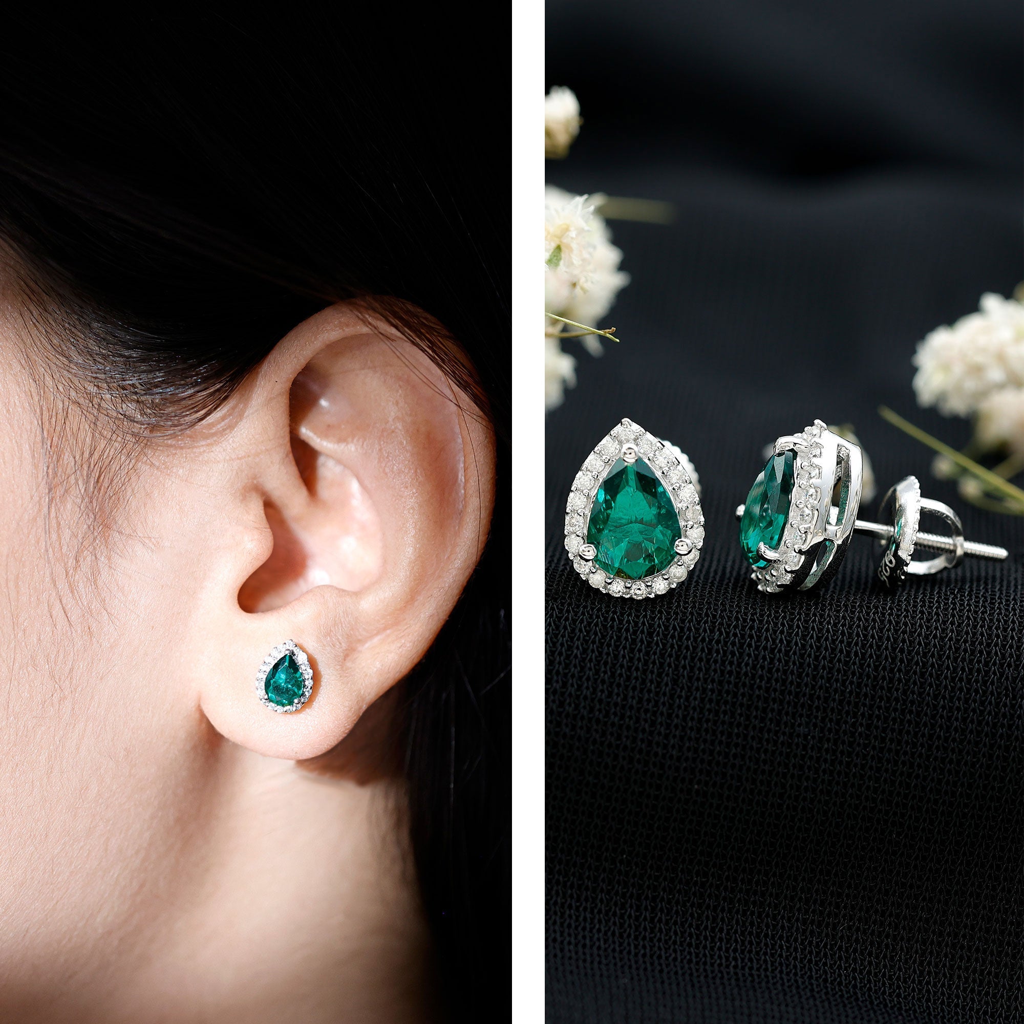 Certified 5X7mm Lab Grown Emerald Teardrop Halo Earrings in Silver