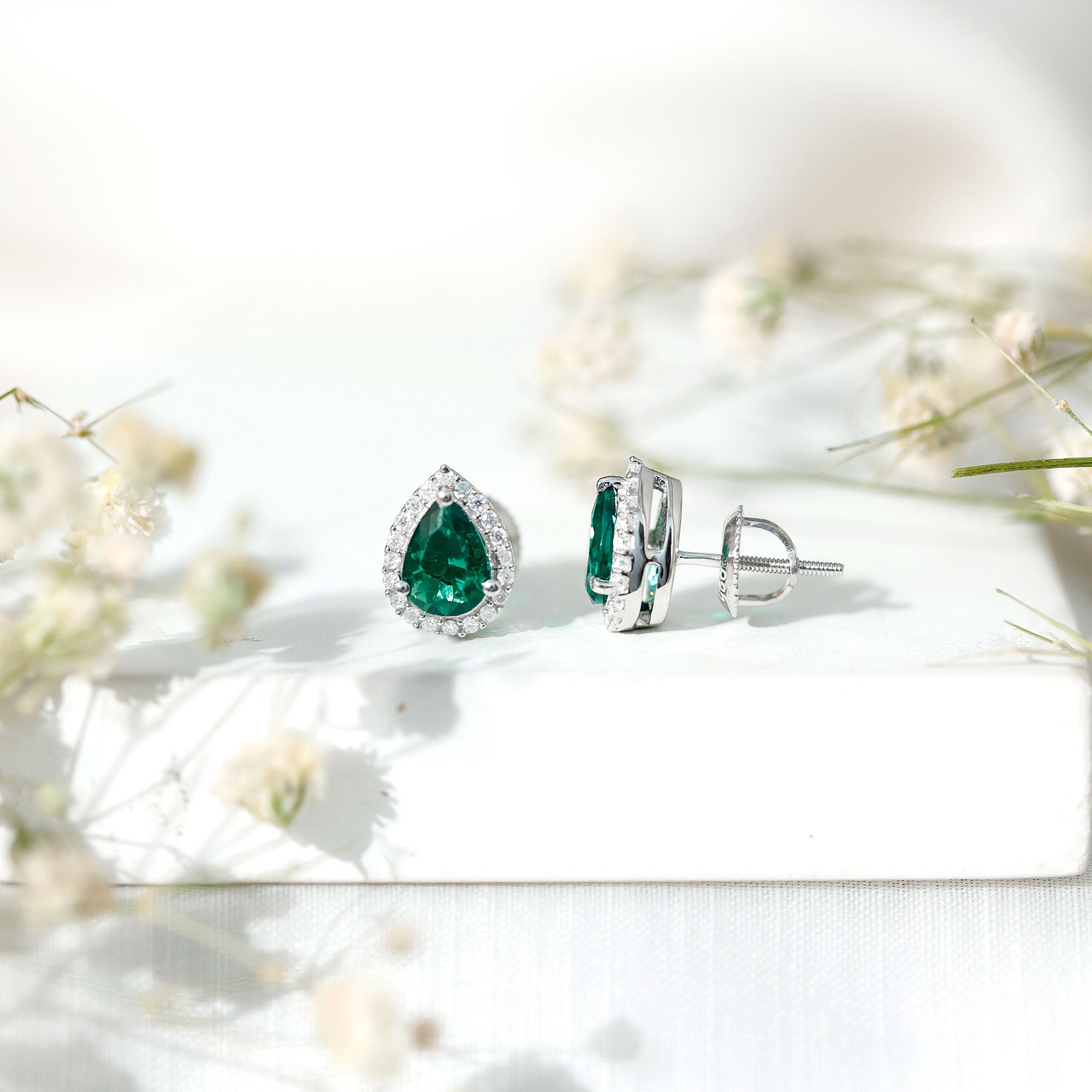 Certified 5X7mm Lab Grown Emerald Teardrop Halo Earrings in Silver