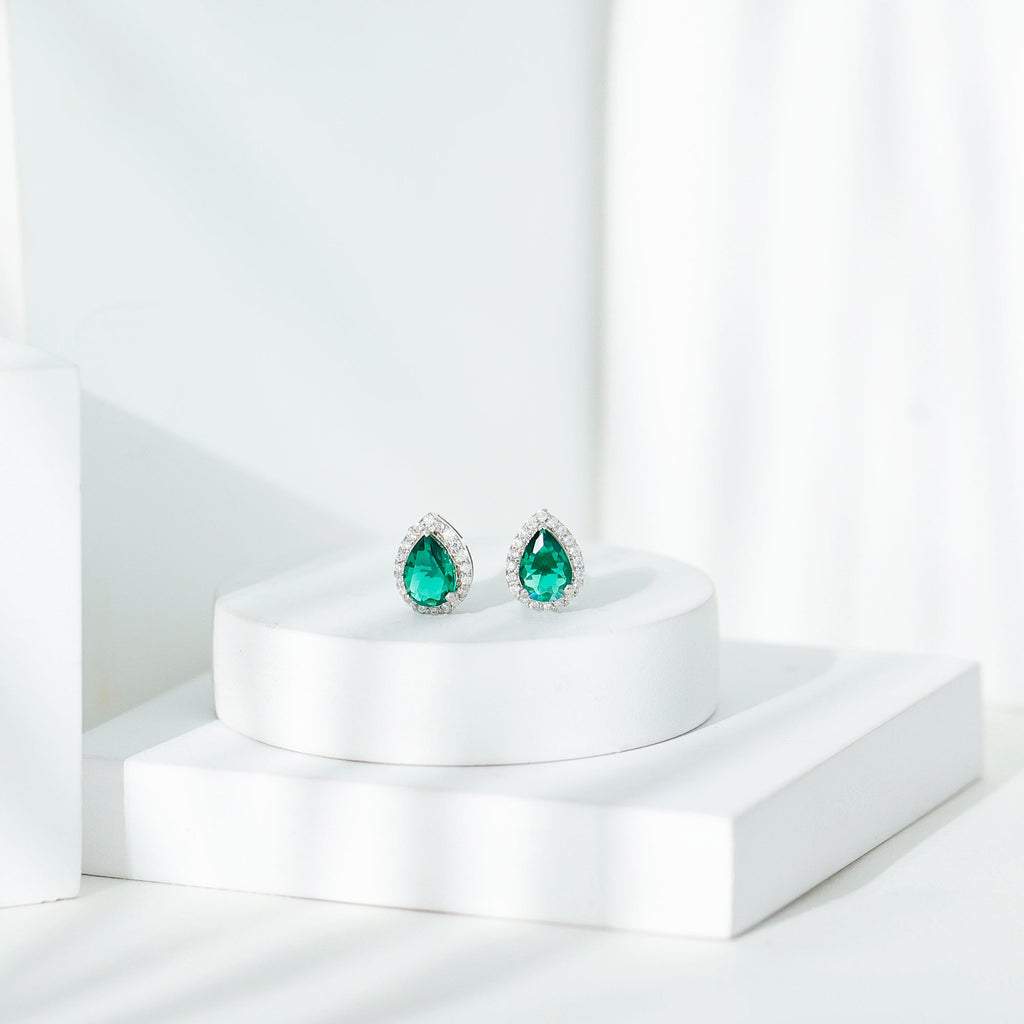 Certified 5X7mm Lab Grown Emerald Teardrop Halo Earrings in Silver