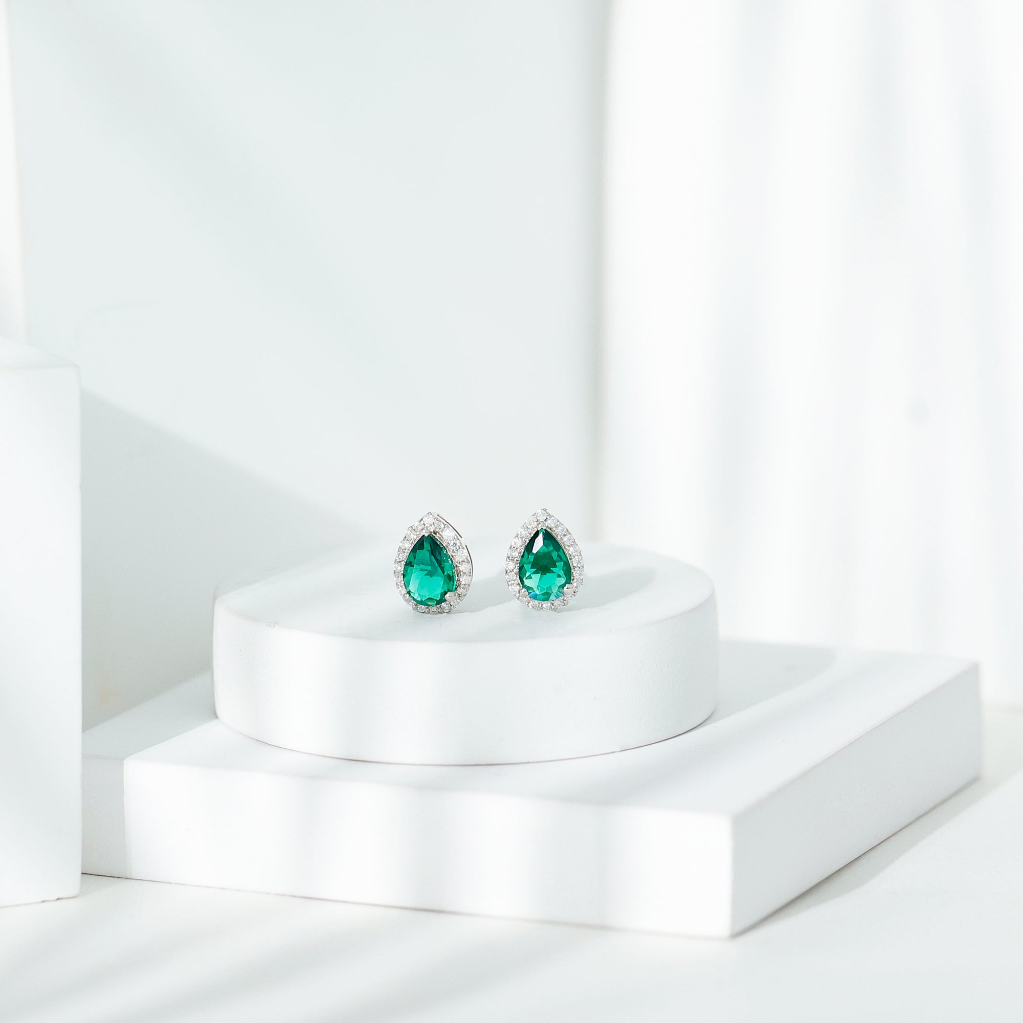 Certified 5X7mm Lab Grown Emerald Teardrop Halo Earrings in Silver