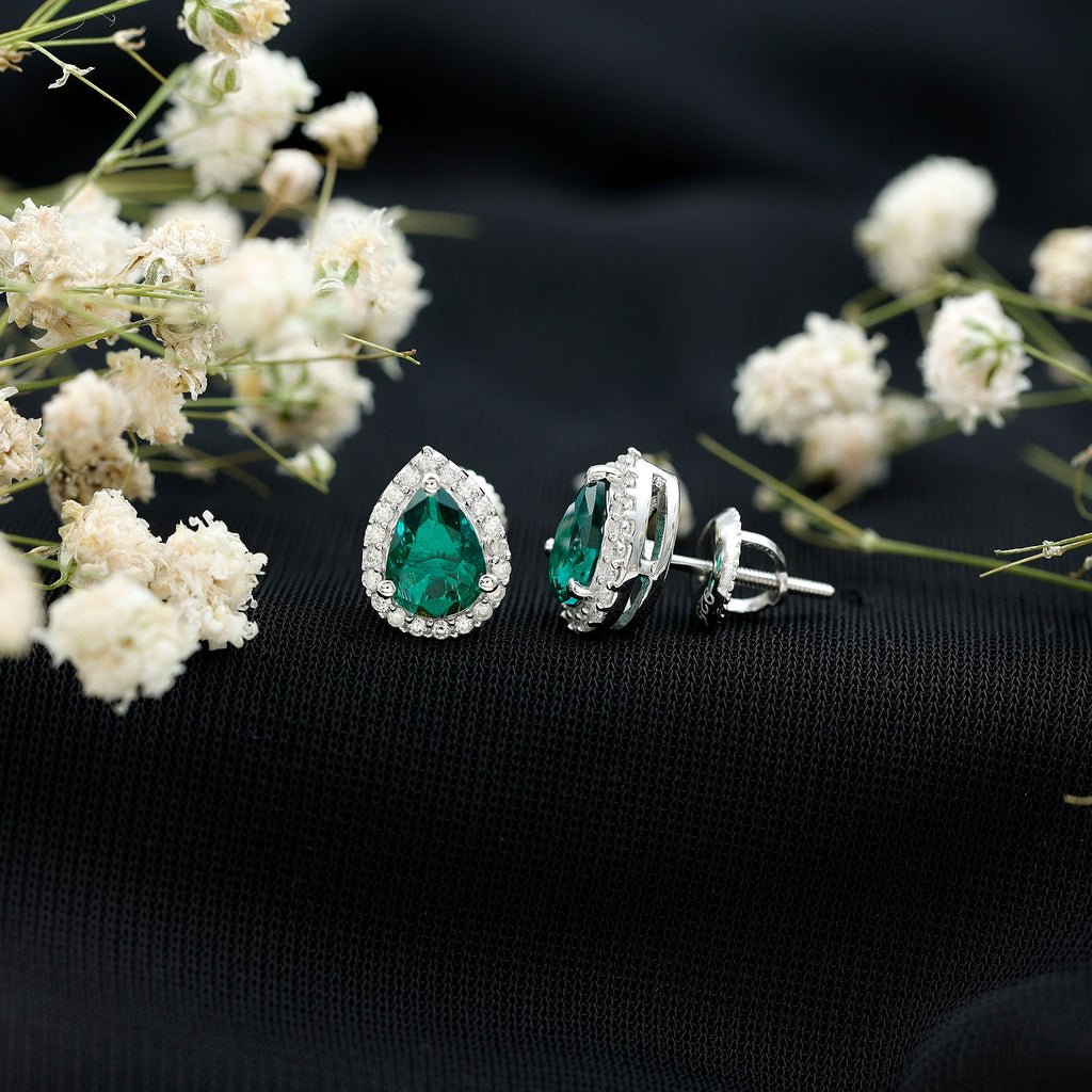 Certified 5X7mm Lab Grown Emerald Teardrop Halo Earrings in Silver