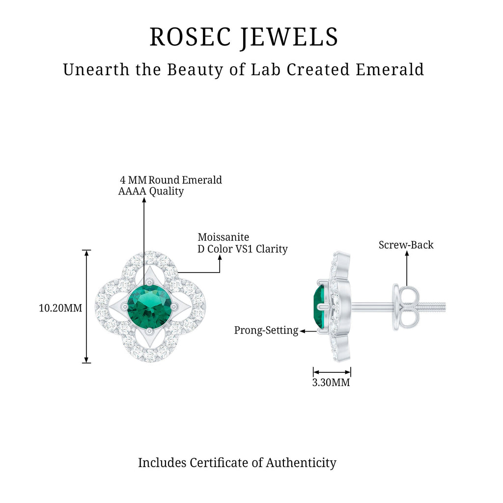 Certified Lab Created Emerald Flower Stud Earrings with Moissanite