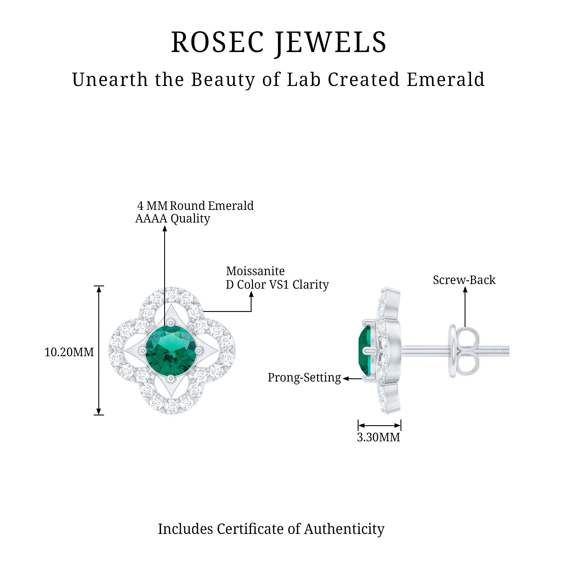Certified Lab Created Emerald Flower Stud Earrings with Moissanite