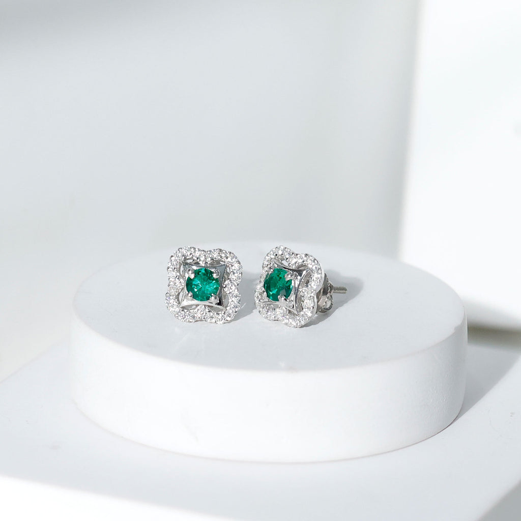 Certified Lab Created Emerald Flower Stud Earrings with Moissanite