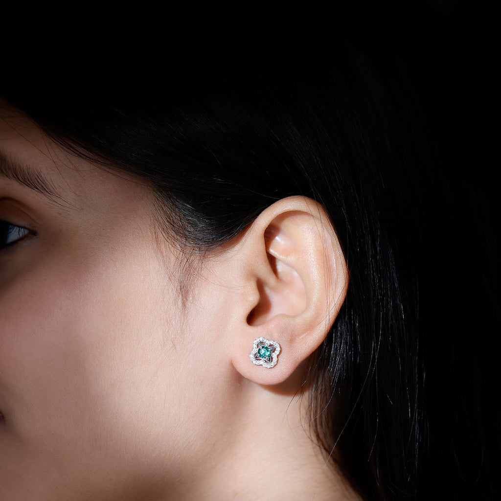 Certified Lab Created Emerald Flower Stud Earrings with Moissanite