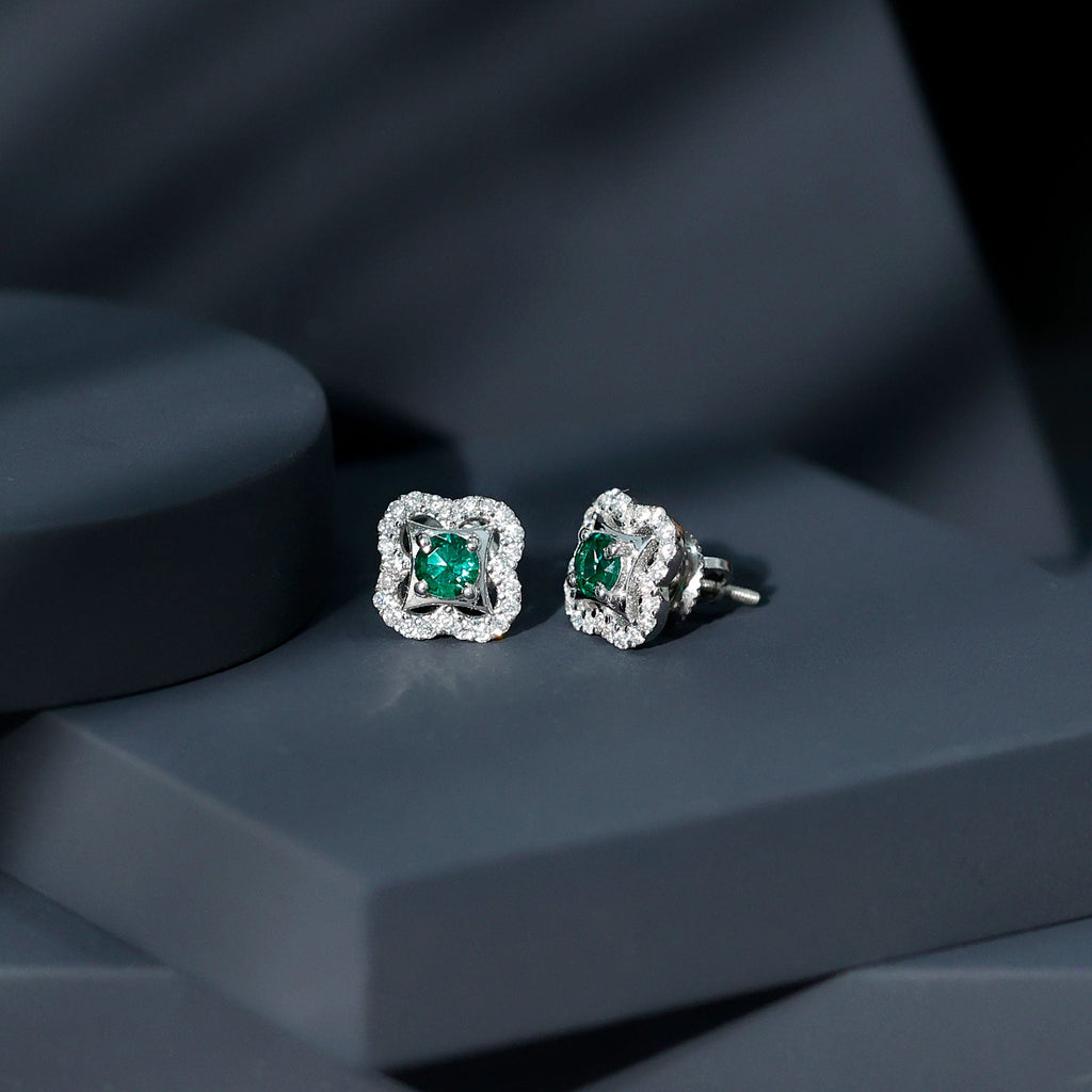 Certified Lab Created Emerald Flower Stud Earrings with Moissanite