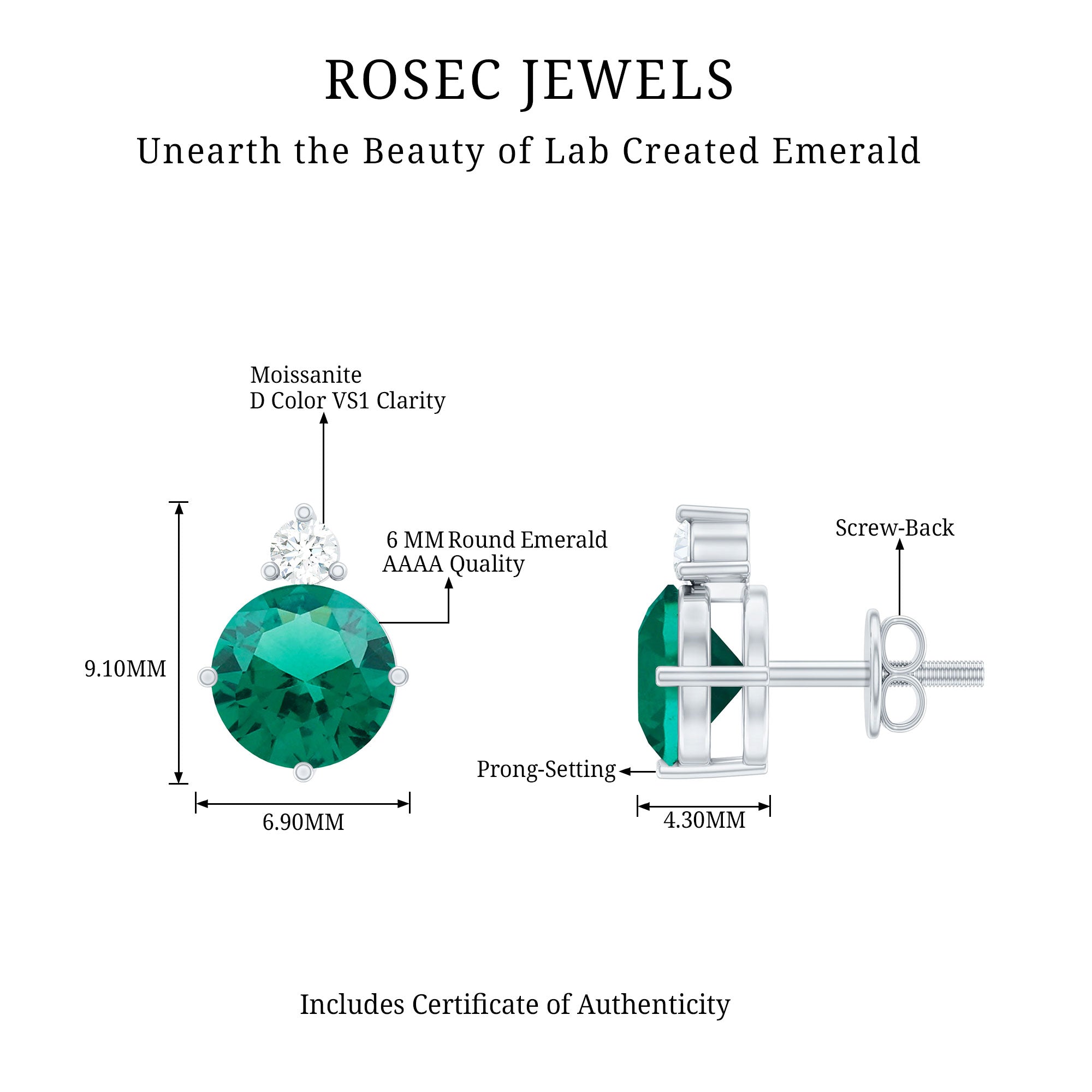Certified 6 MM Lab Created Emerald Stud Earrings with Screw Back