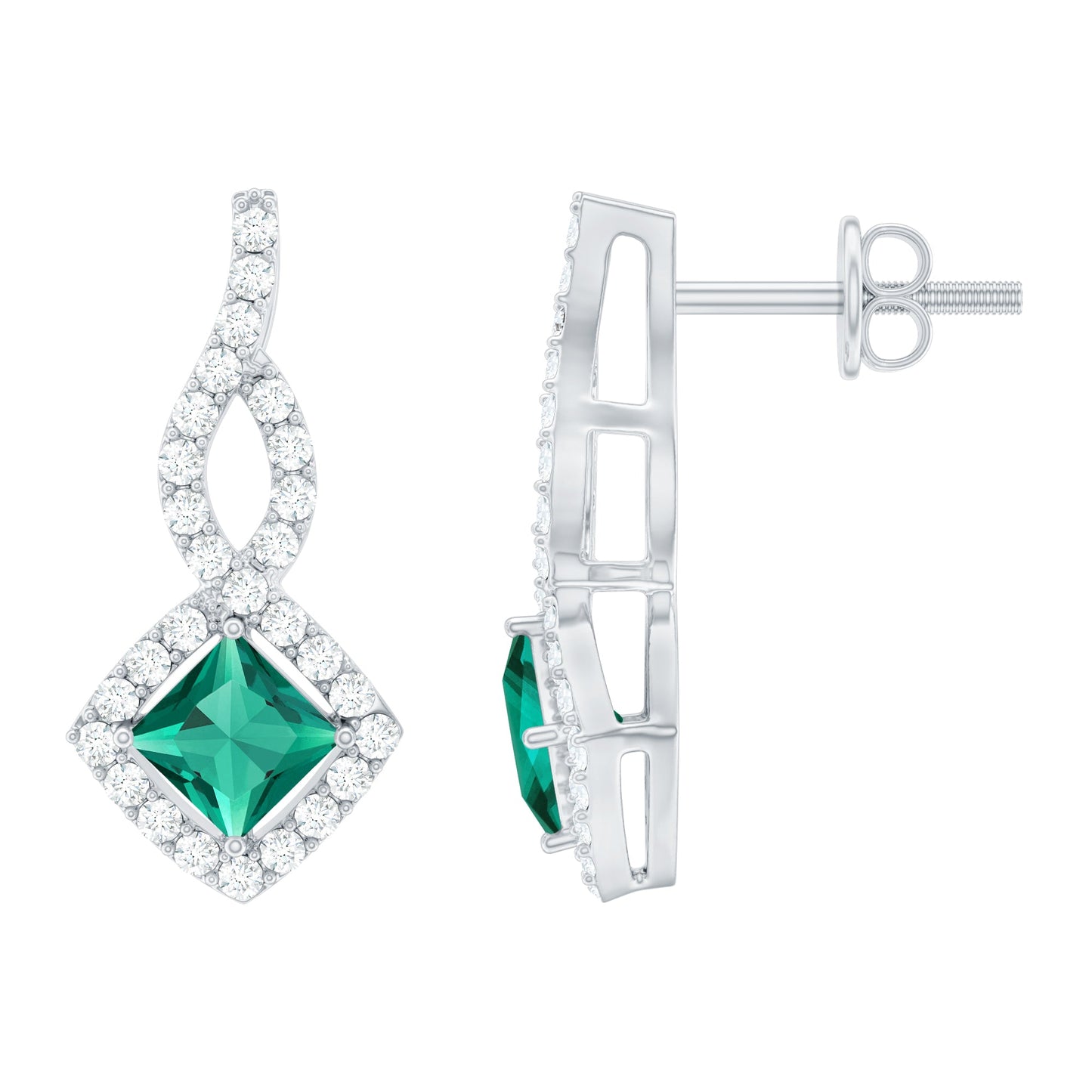 Silver Lab Created Emerald Drop Earrings with Moissanite