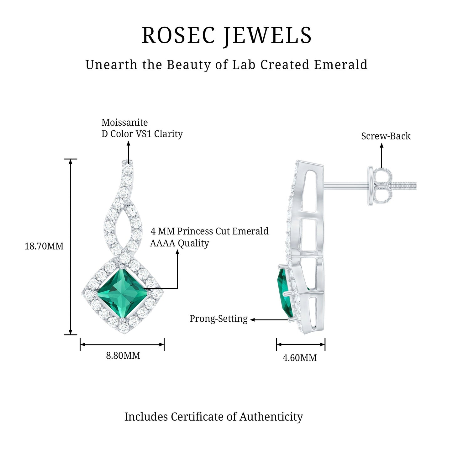 Silver Lab Created Emerald Drop Earrings with Moissanite