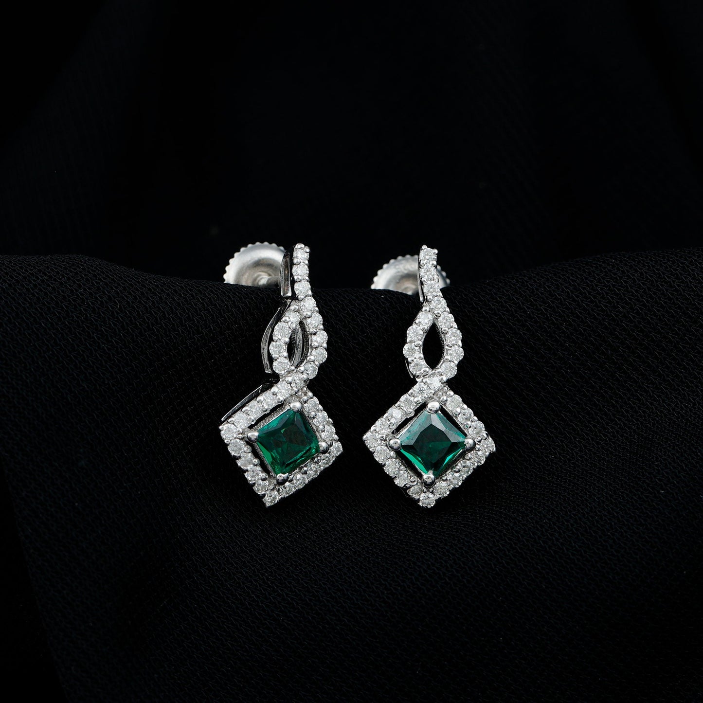 Silver Lab Created Emerald Drop Earrings with Moissanite