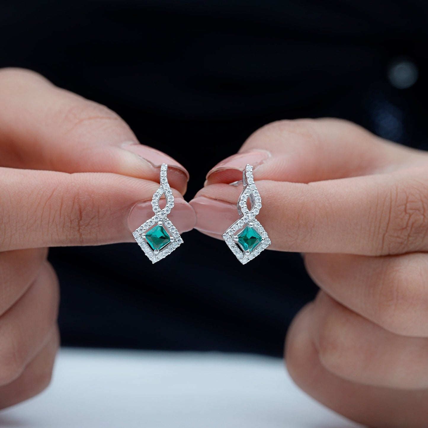 Silver Lab Created Emerald Drop Earrings with Moissanite