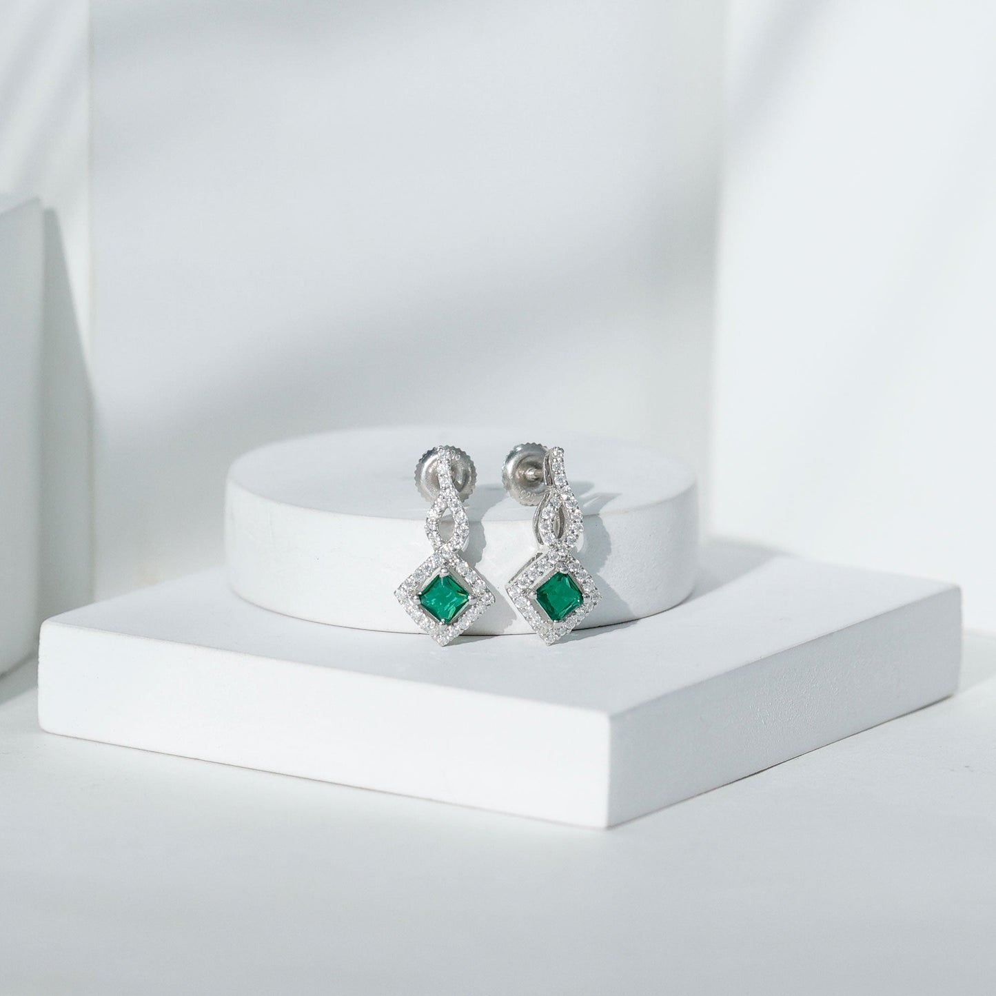 Silver Lab Created Emerald Drop Earrings with Moissanite