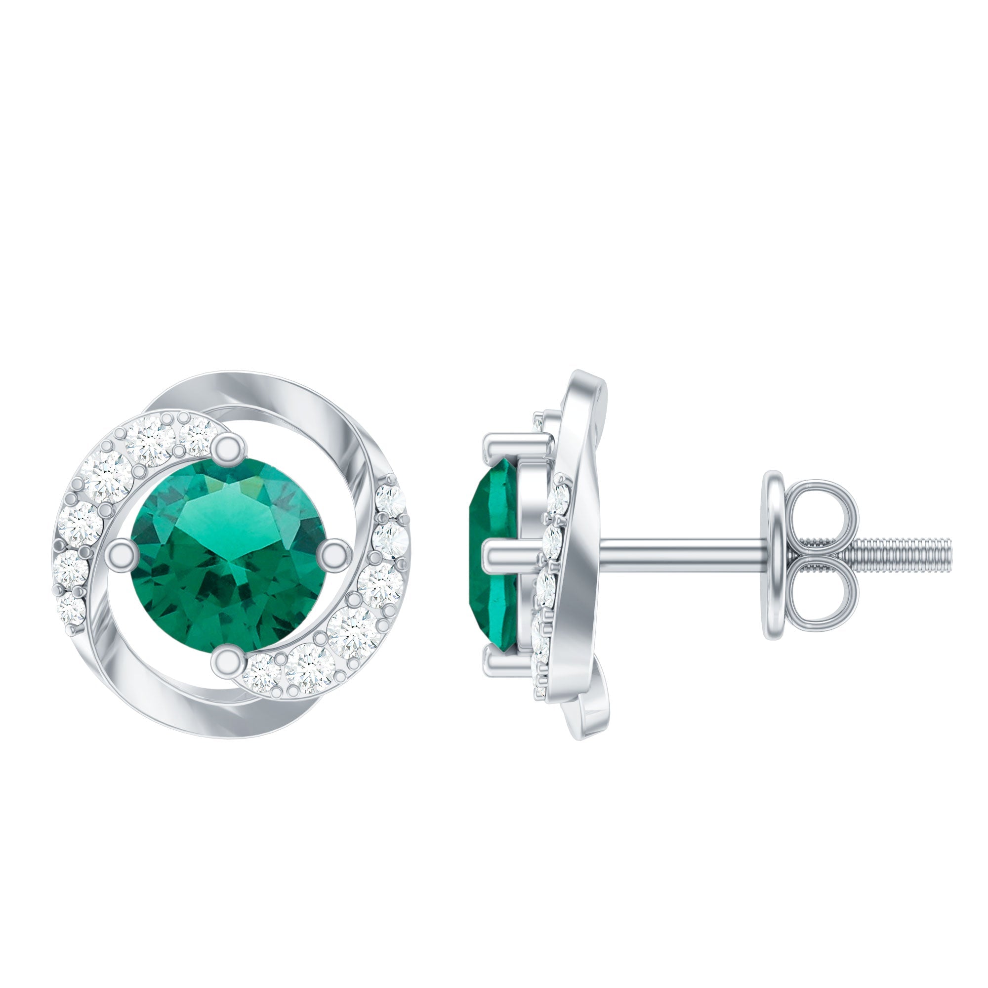 Certified 5 MM Lab Emerald Swirl Stud Earrings with Moissanite