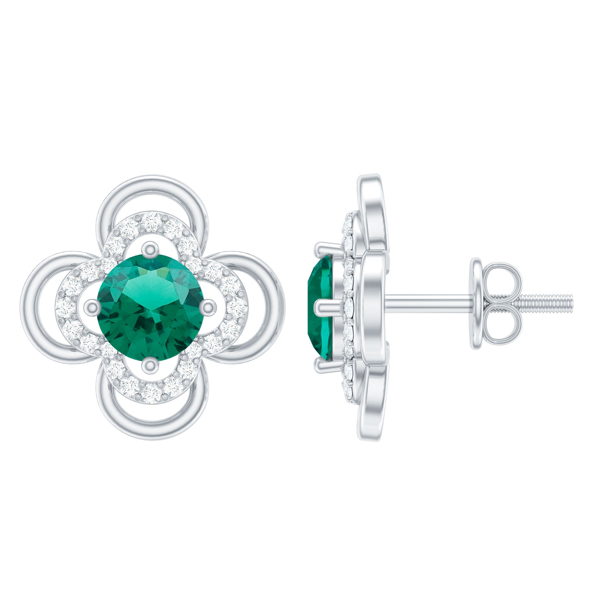 Lab Created Emerald Flower Stud Earrings with Screw Backs