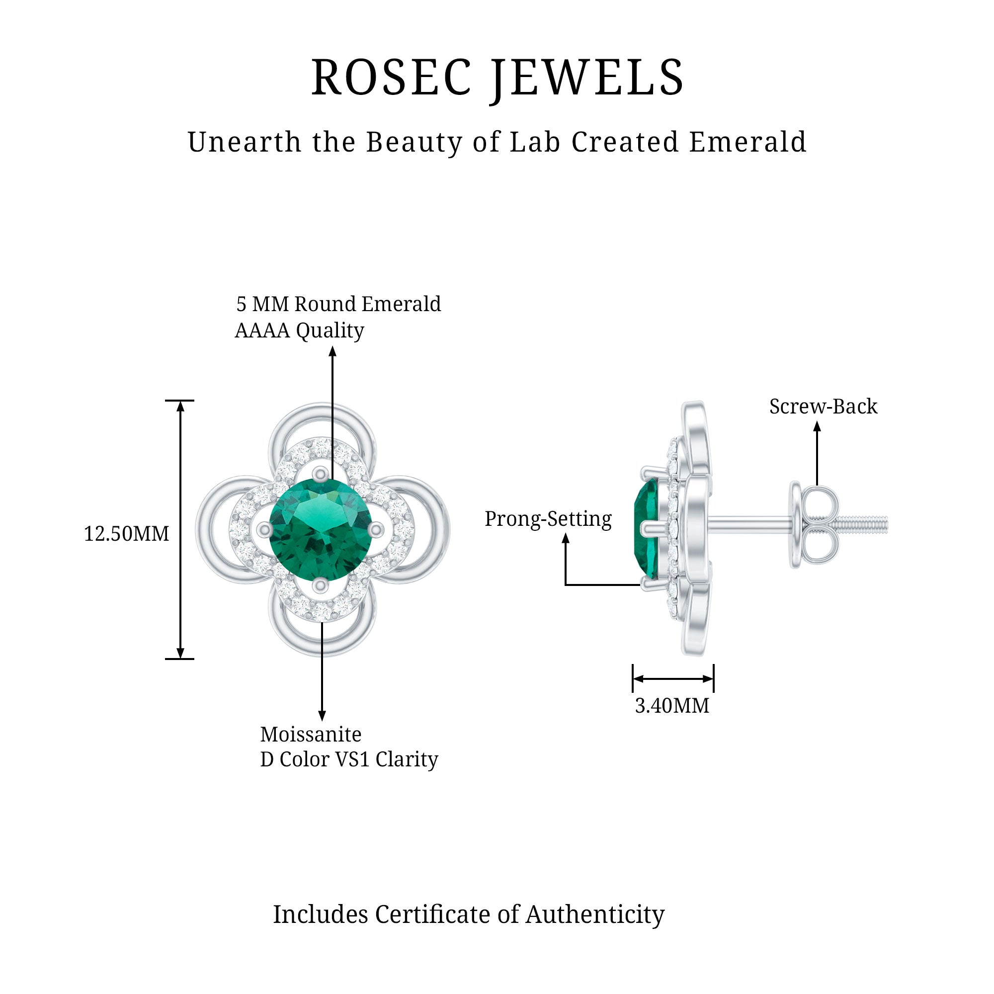 Lab Created Emerald Flower Stud Earrings with Screw Backs